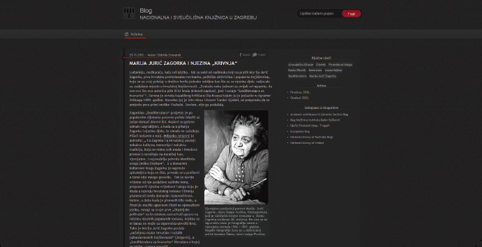 Objava na blogu Nacionalne i sveučilišne knjižnice u Zagrebu uz obljetnicu smrti Marije Jurić Zagorke / A posting on the blog of the National and University Library in Zagreb dedicated to the anniversary of the death of Marija Jurić Zagorka
