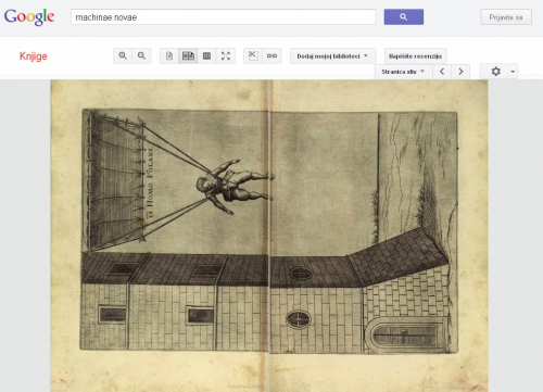 Homo volans iz djela Machinae Novae Fausta Vrančića dostupnog u sklopu projekta Google Books iz fonda Bavarske državne knjižnice u Münchenu / Homo
 volans from Machinae Novae by Faust Vrančić held by the Bavarian State Library in Munich and made available as part of the Google Books project